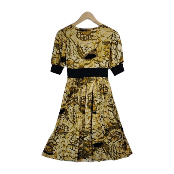 Baby Phat Tan Black Stretchy Belted Short-Sleeve Midi Dress Small Deep v-neck - Picture 2 of 11